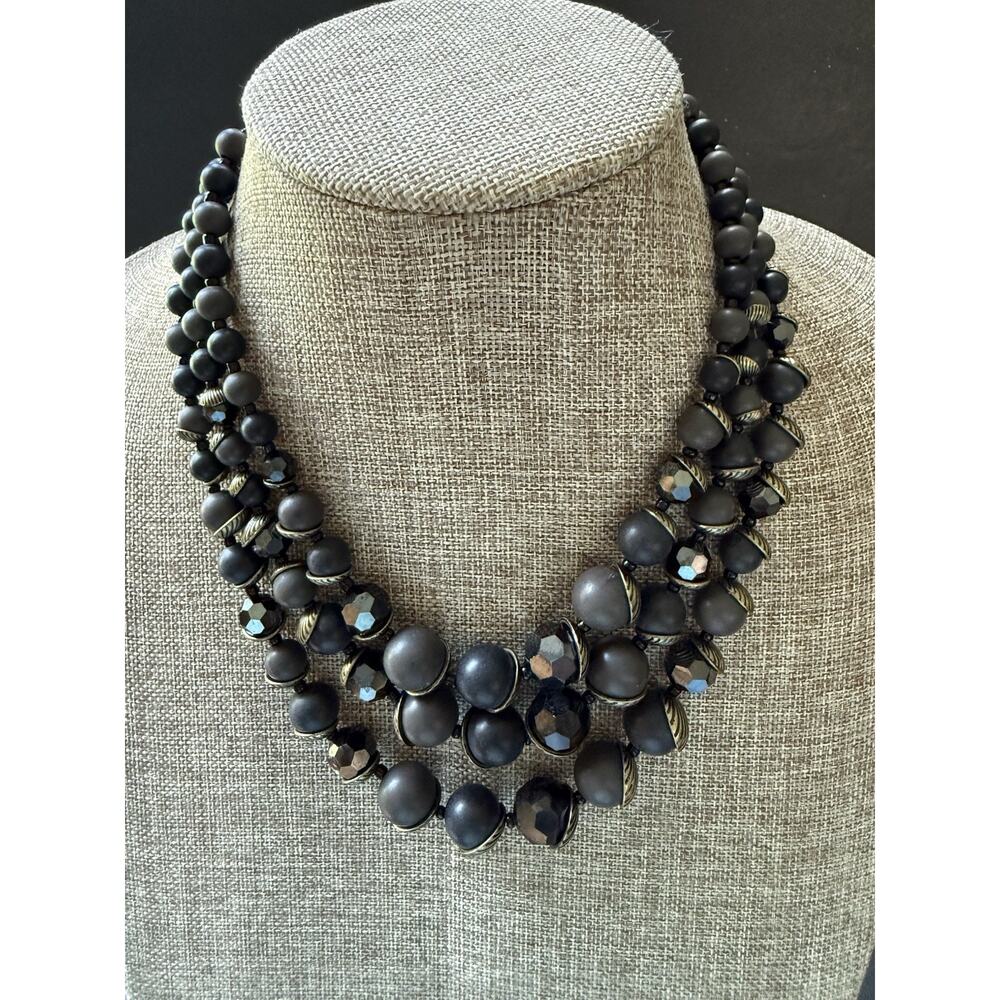 Vintage Premier Designs Acorn Necklace Black Gold Tone 3 Strand 20” Career